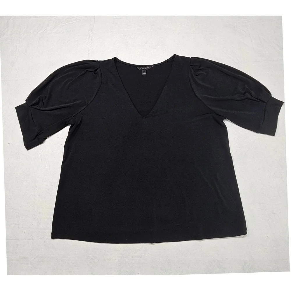 Banana Republic Womens‎ Black V-Neck Puff Sleeve Crepe Blouse Size L Relaxed Fit